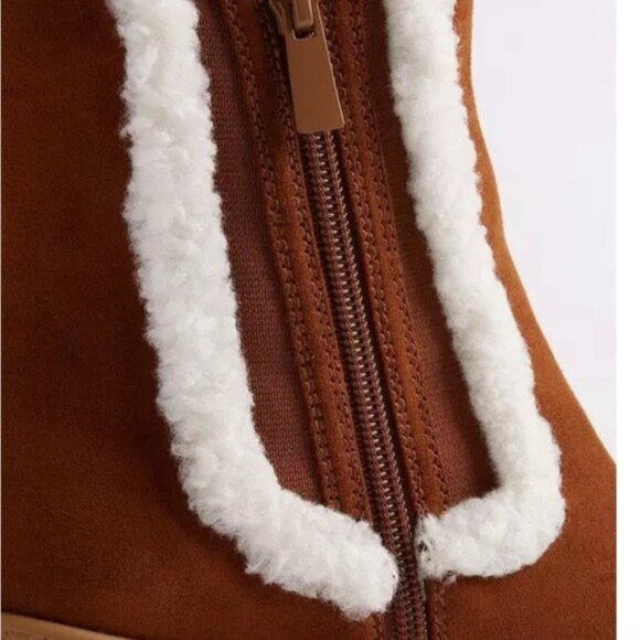 Brown Faux Suede Block Heel Ankle Boots With Faux Fur Trim & Side Zipper size 11 - Picture 5 of 7